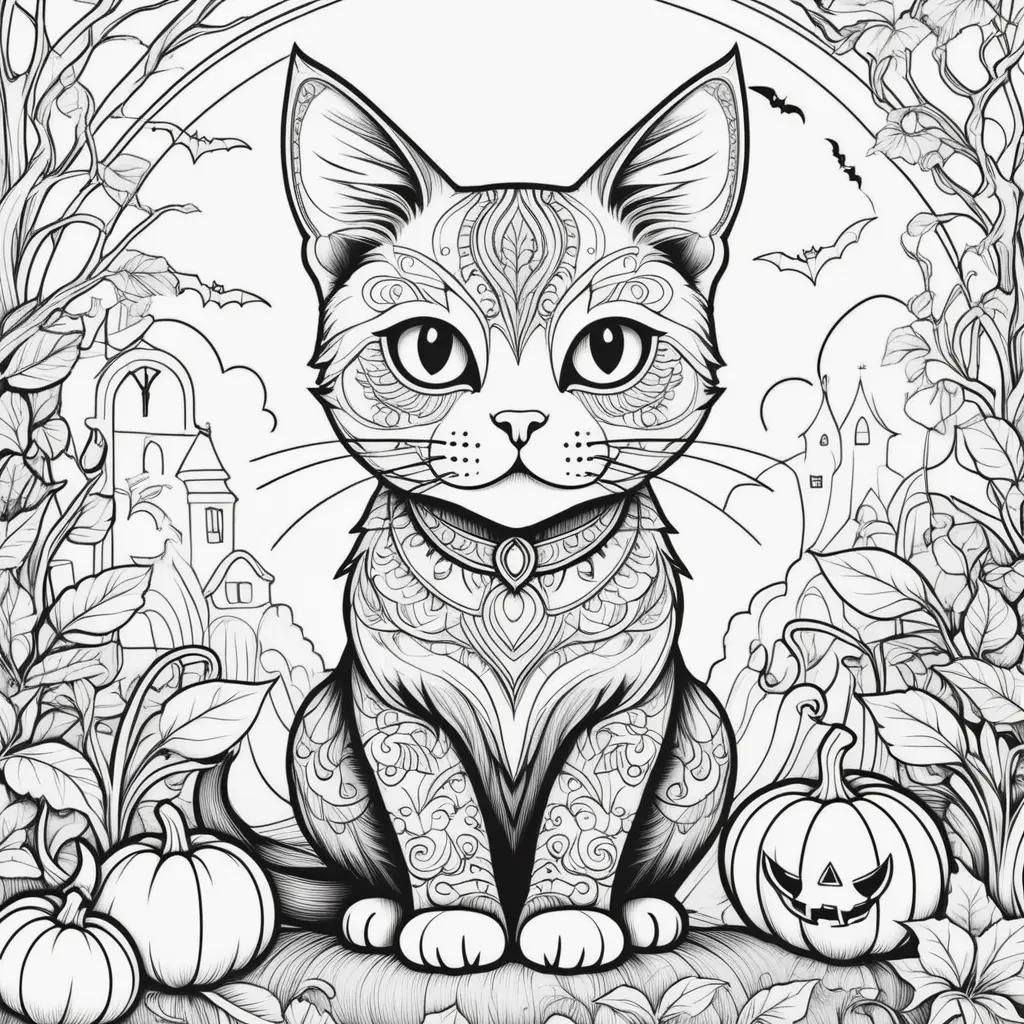 Halloween cat coloring pages featuring a black and white cat