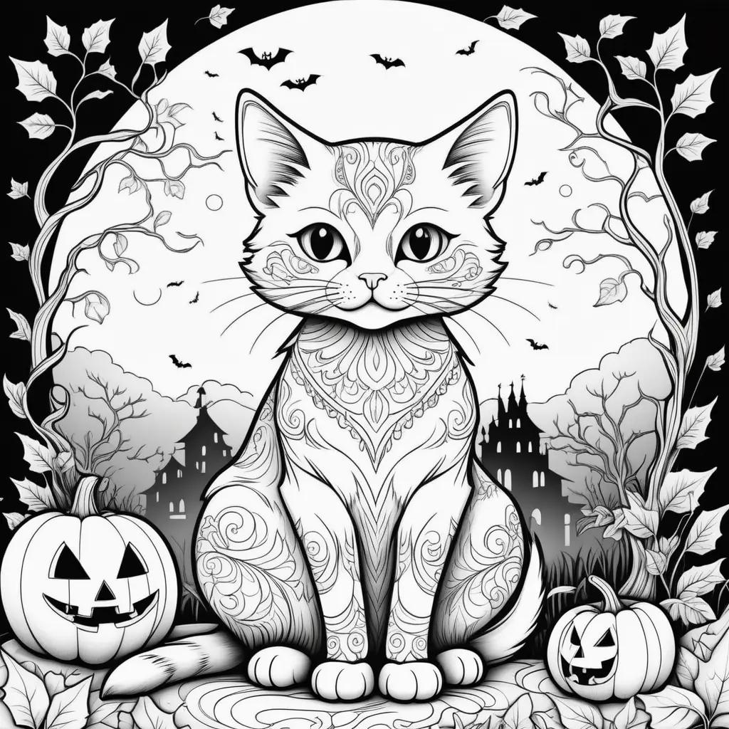 Halloween cat coloring pages featuring a black and white cat