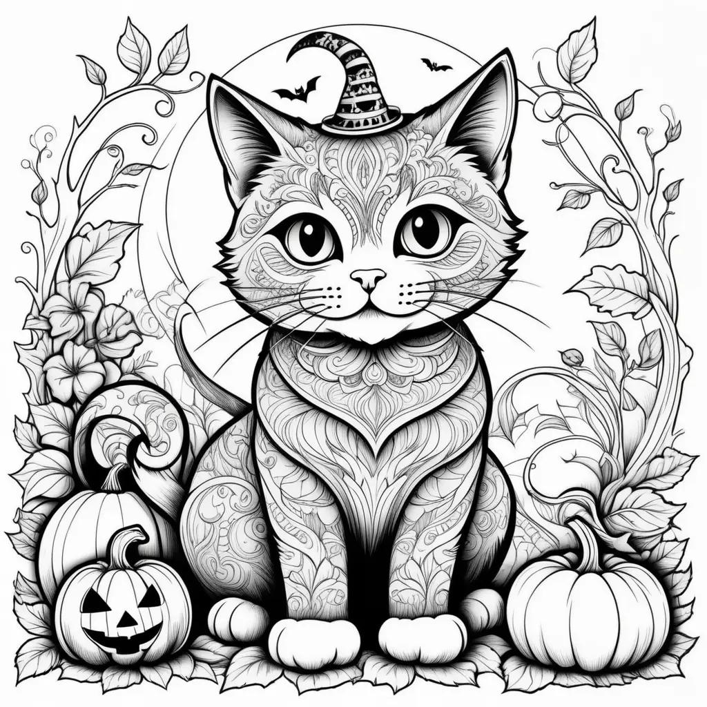 Halloween cat coloring pages featuring a black and white cat with a witch hat