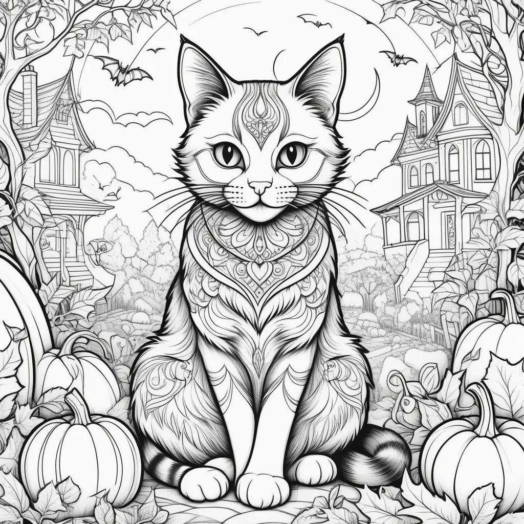 Halloween cat coloring pages featuring a siting cat in an autumn scene