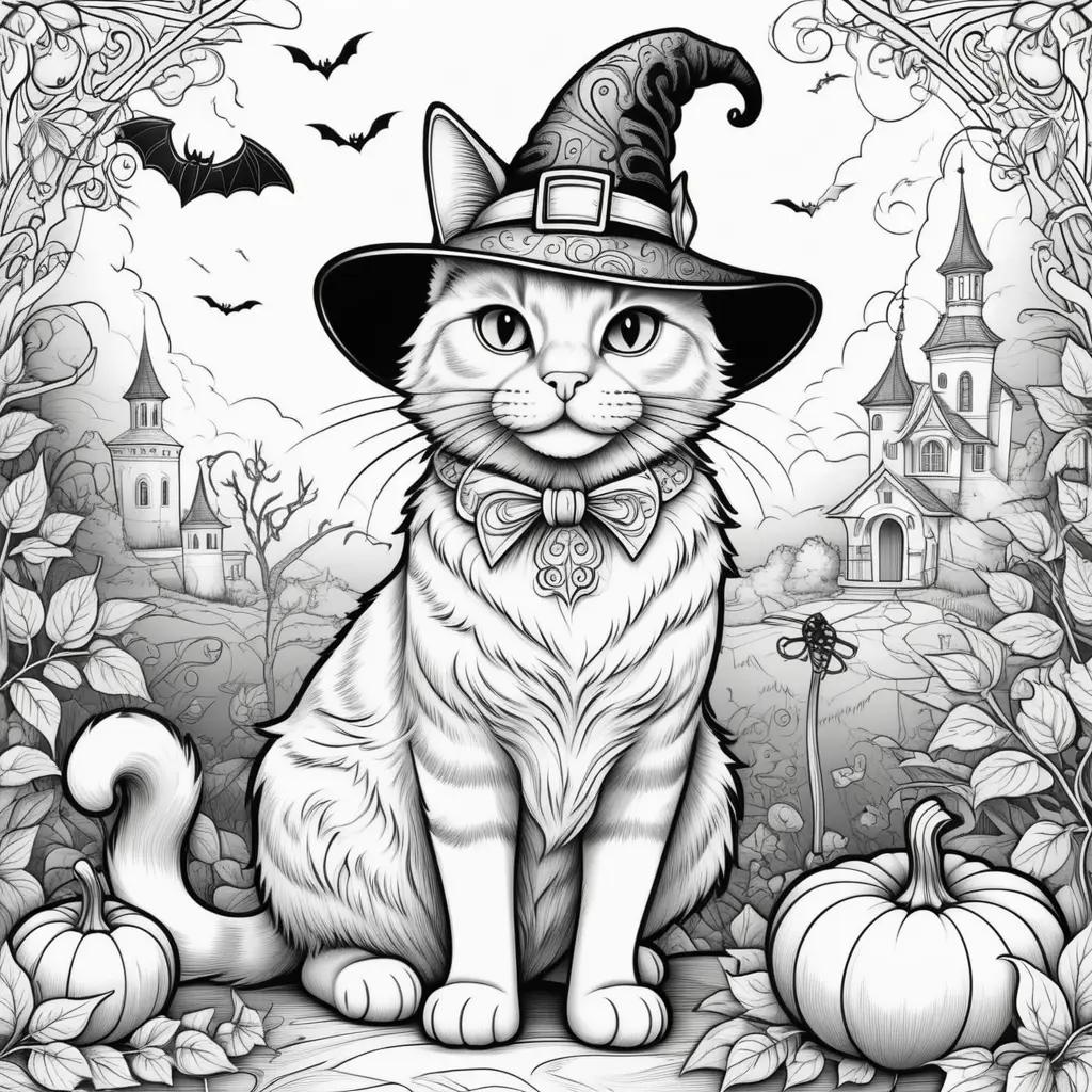 Halloween cat coloring pages with a witch hat and pumpkin