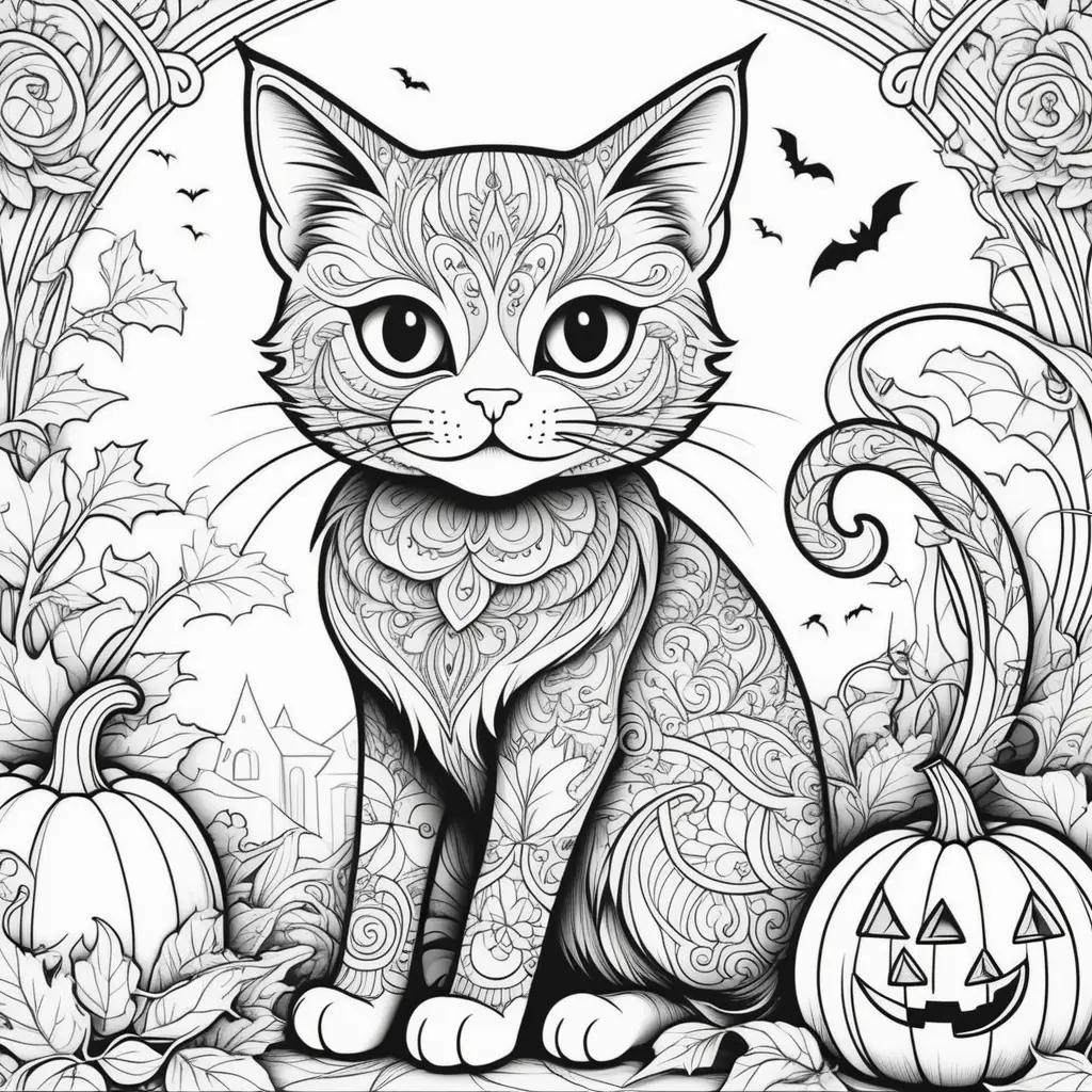 Halloween cat coloring pages with bats and pumpkins