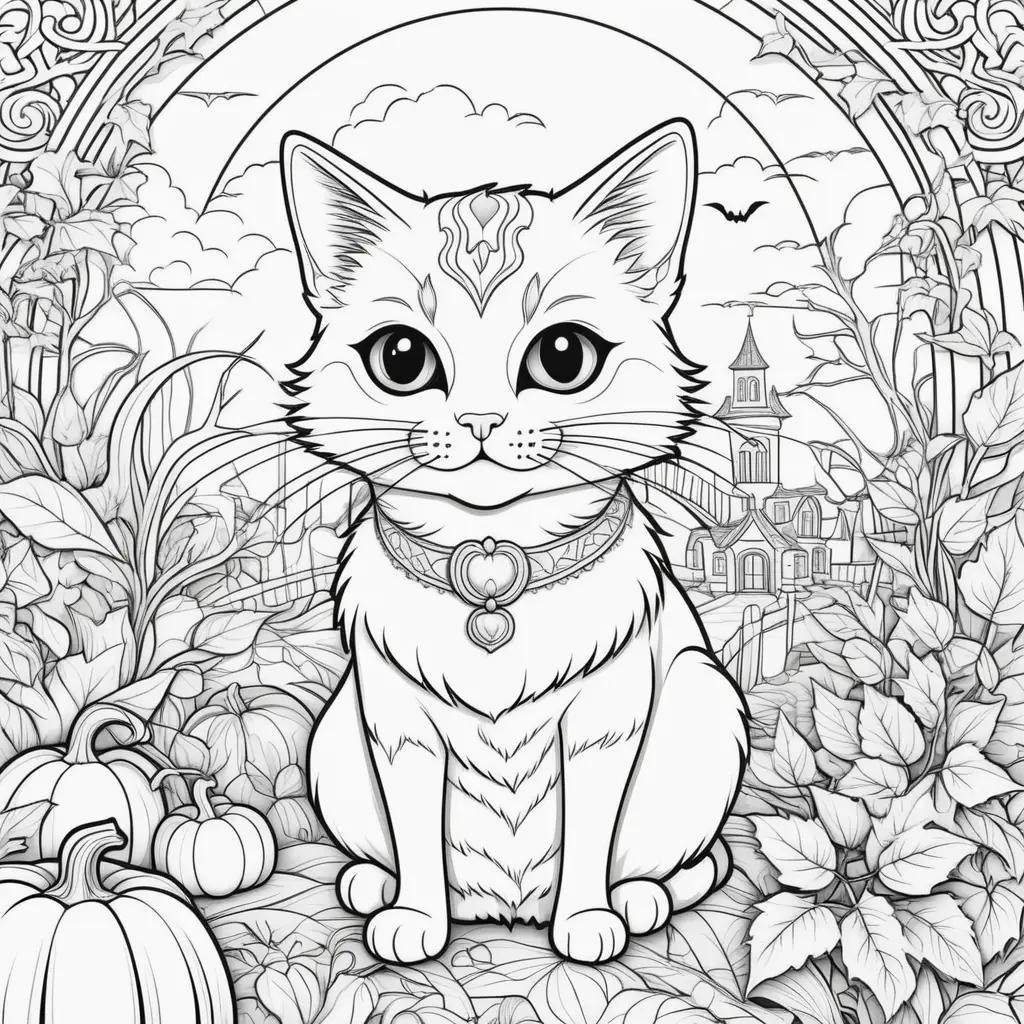 Halloween cat coloring pages with gothic background