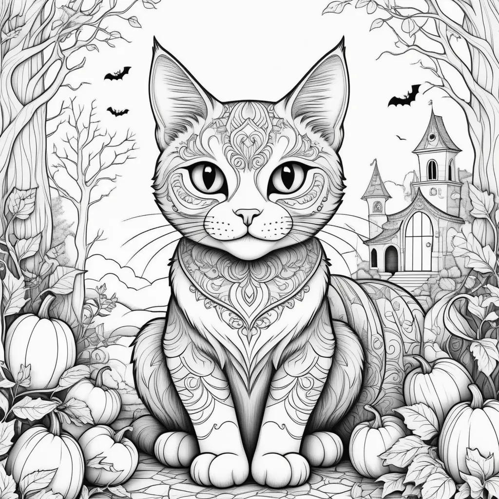 Halloween cat coloring pages with pumpkins and bats