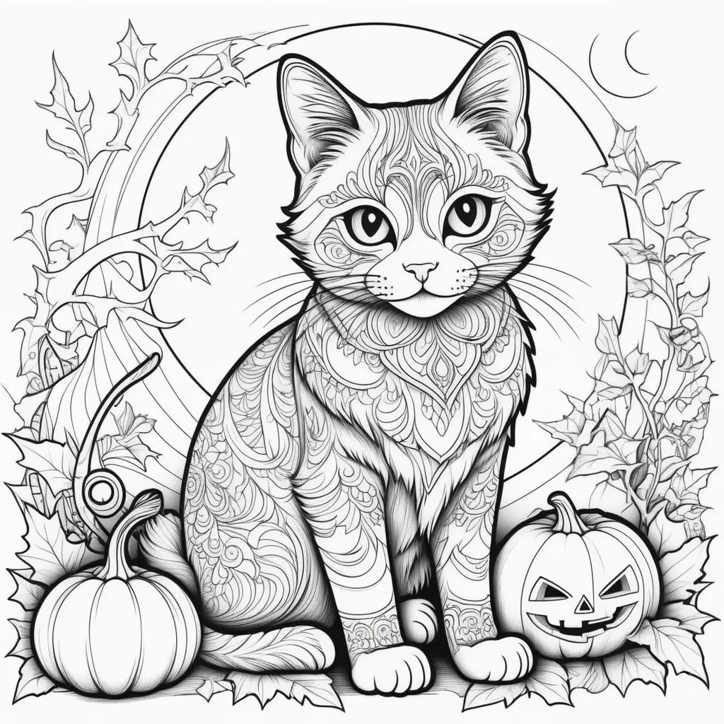 Halloween cat coloring pages with pumpkins and leaves