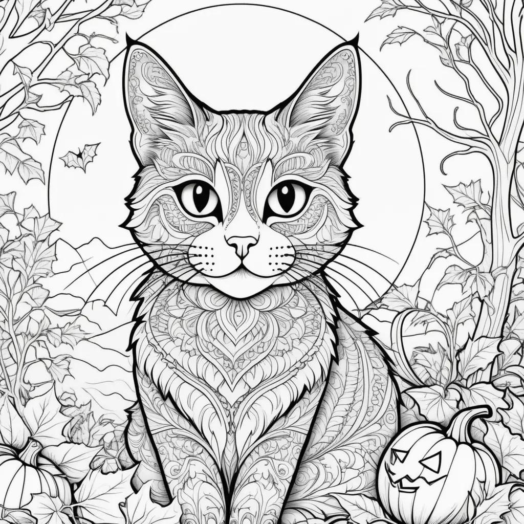 Halloween cat coloring pages with trees and pumpkins