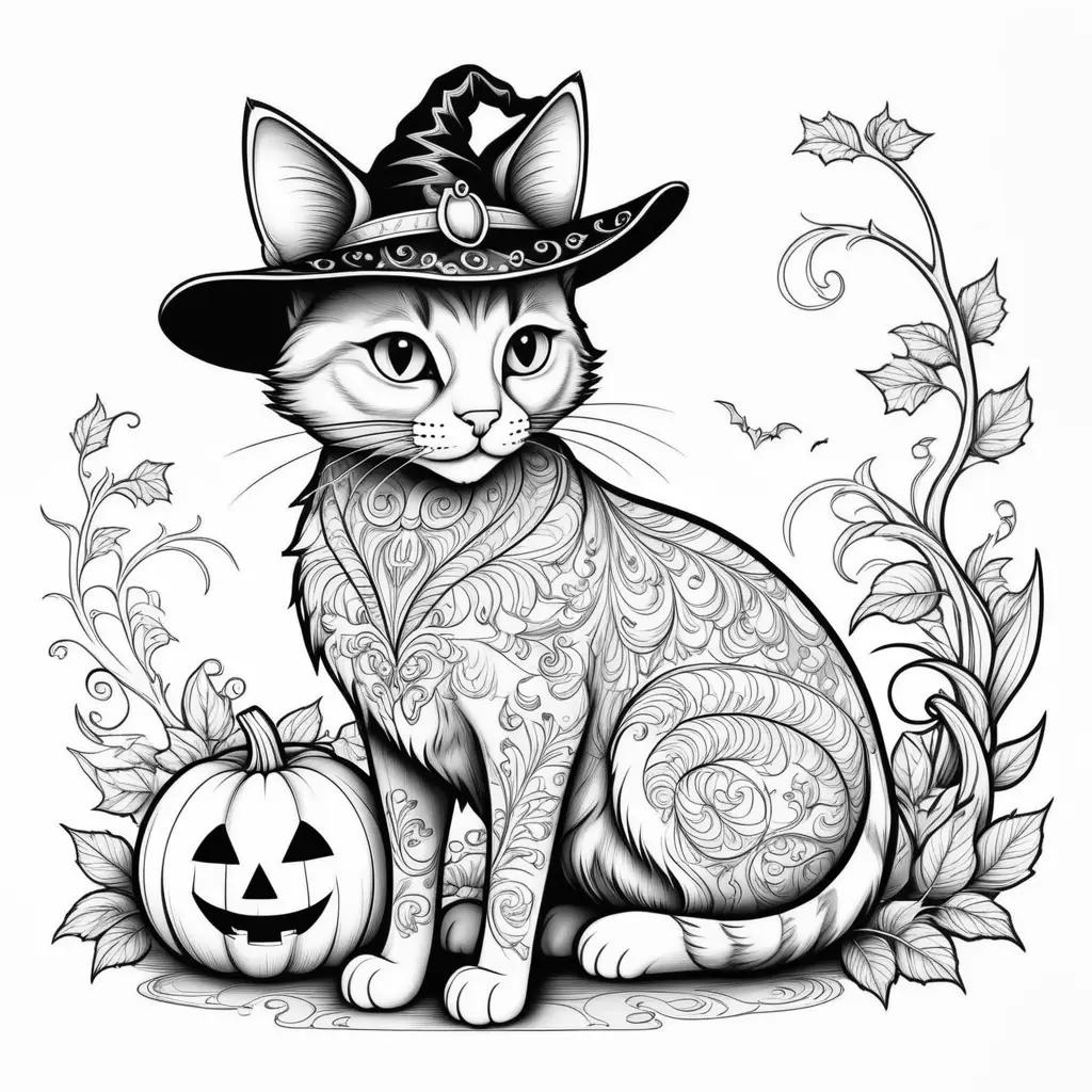 Halloween cat coloring pages with witch hat and pumpkin