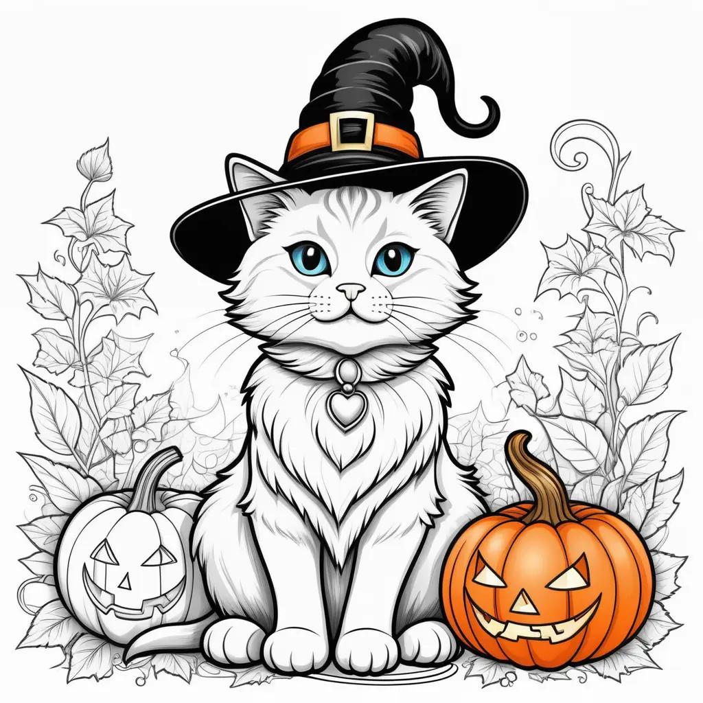 Halloween cat coloring pages with witch hat and pumpkins