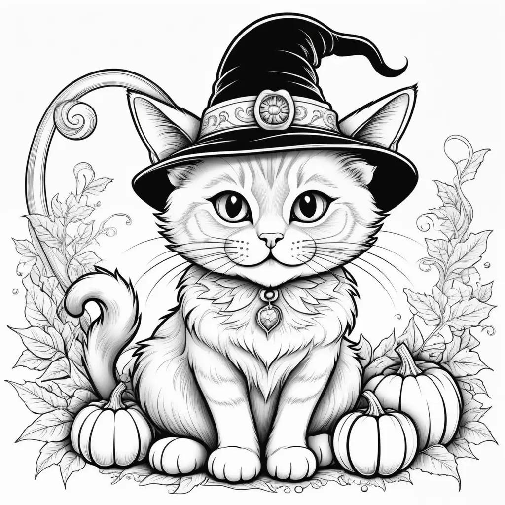 Halloween cat coloring pages with witch hat and pumpkins