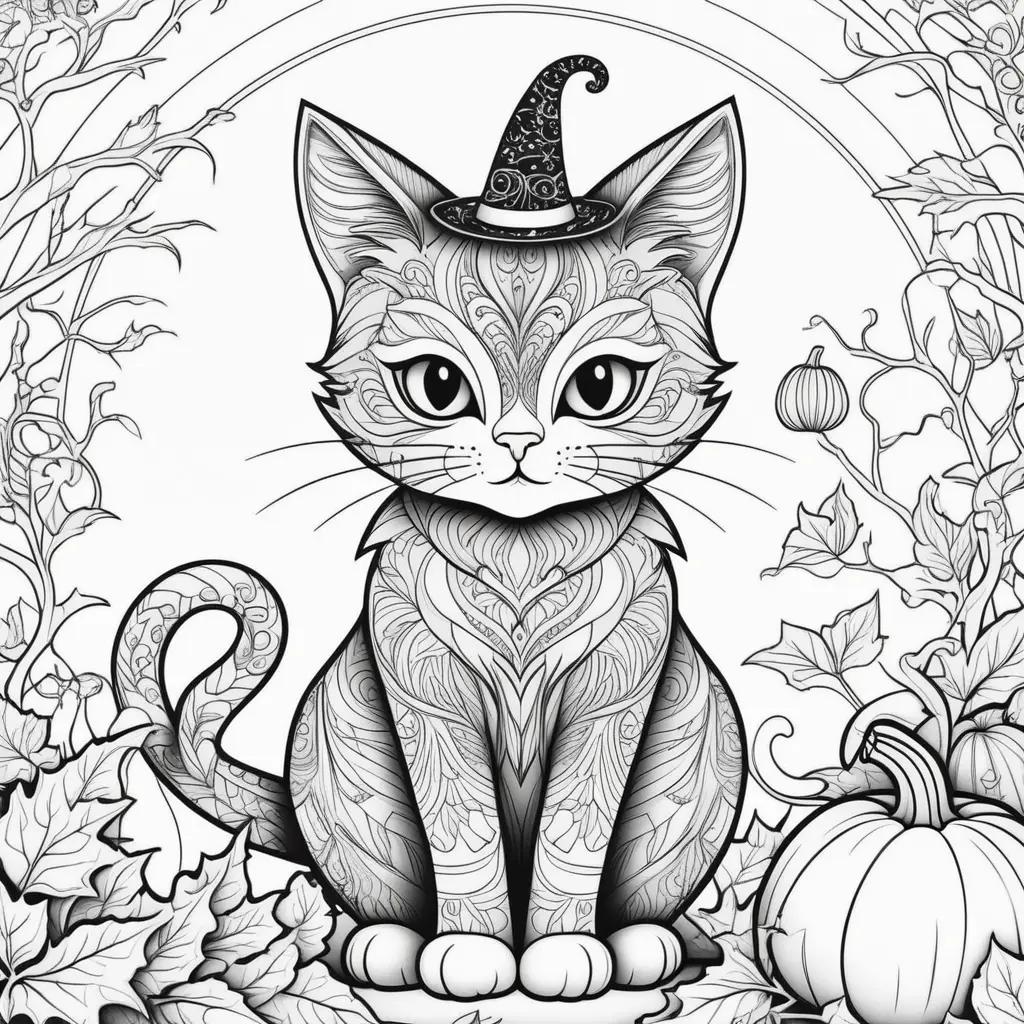 Halloween cat sits in a spooky setting with a witch hat