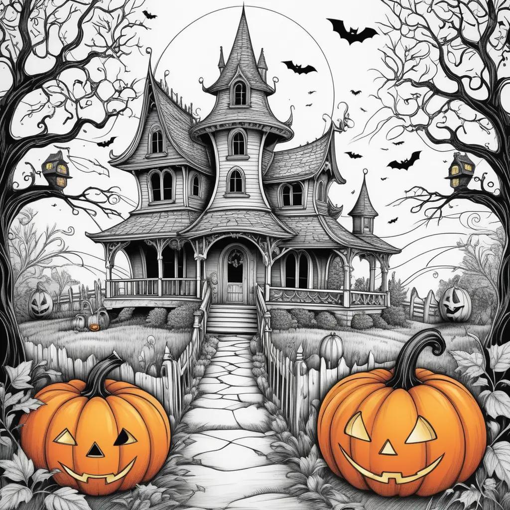 Halloween color pages: scary house, jack-o-lanterns, bats