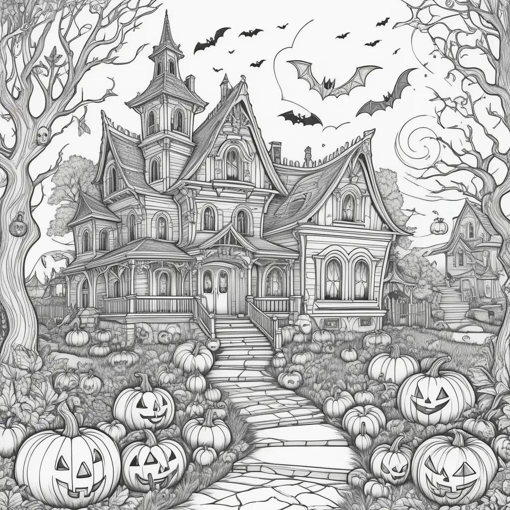 Halloween color pages featuring a spooky house and pumpkins