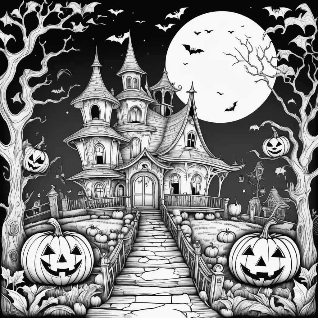 Halloween color pages featuring a spooky house and pumpkins