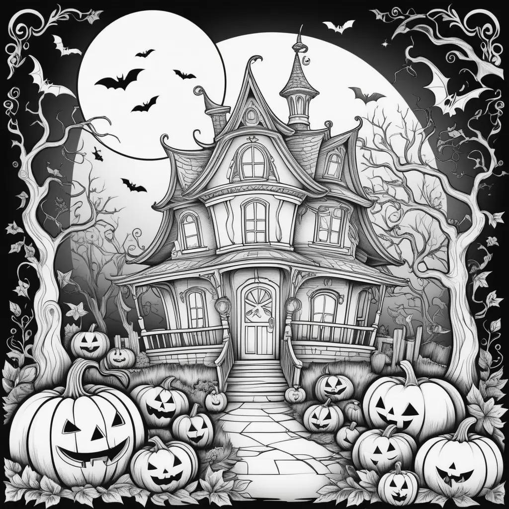 Halloween color pages of a house with pumpkins