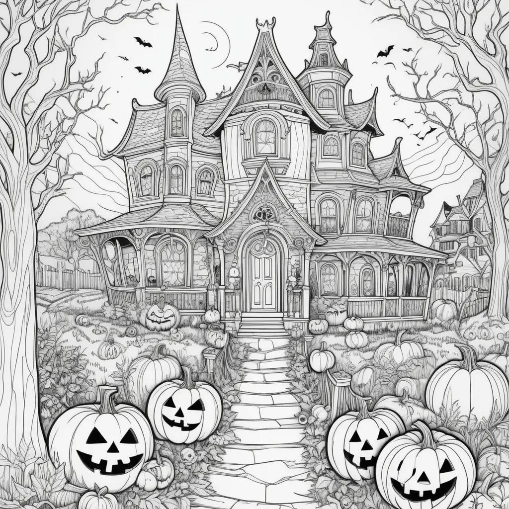 Halloween color pages of a spooky house with pumpkins