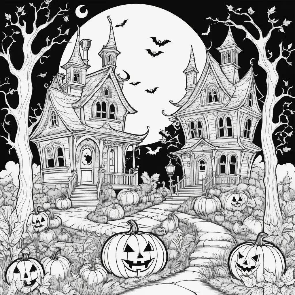 Halloween color pages with a pumpkin and bats