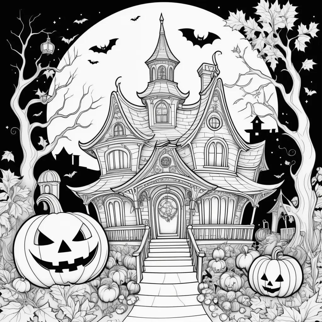 Halloween coloring book features a spooky house and pumpkins