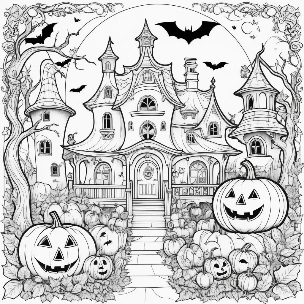 Halloween coloring book pages: a spooky house and pumpkins