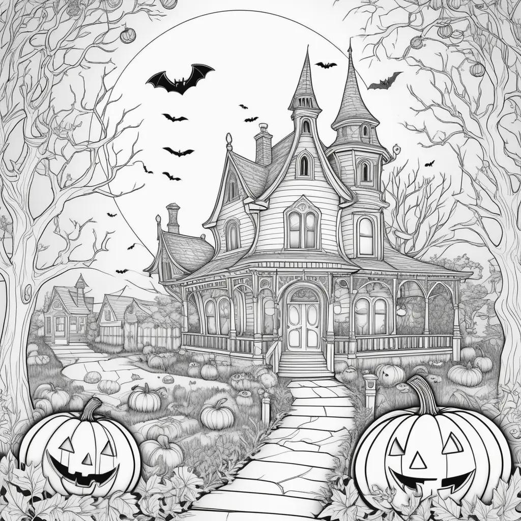 Halloween coloring book pages featuring a spooky house and pumpkins