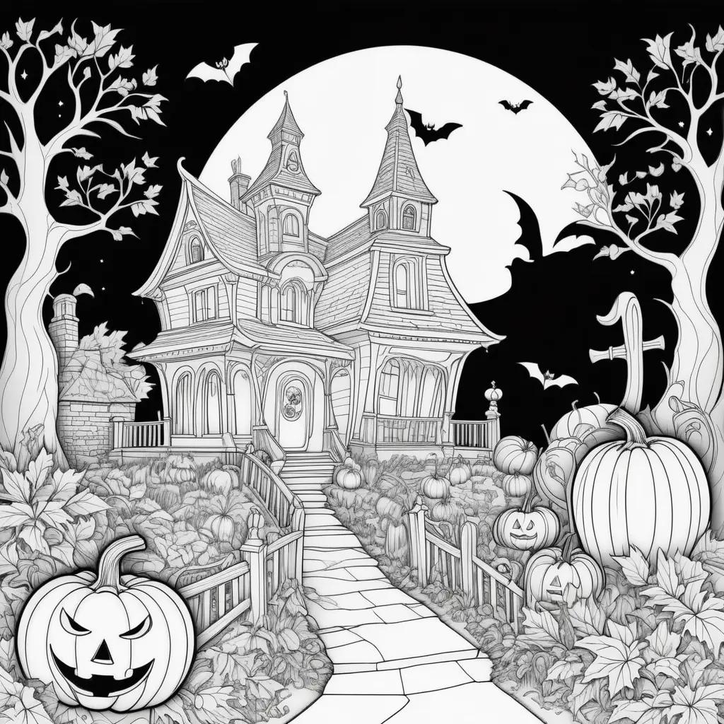 Halloween coloring book pages featuring a spooky house and pumpkins