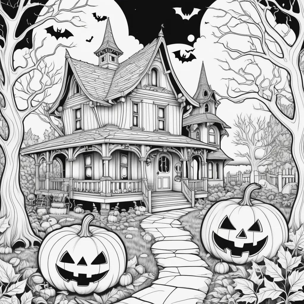 Halloween coloring book pages featuring a spooky house and pumpkins