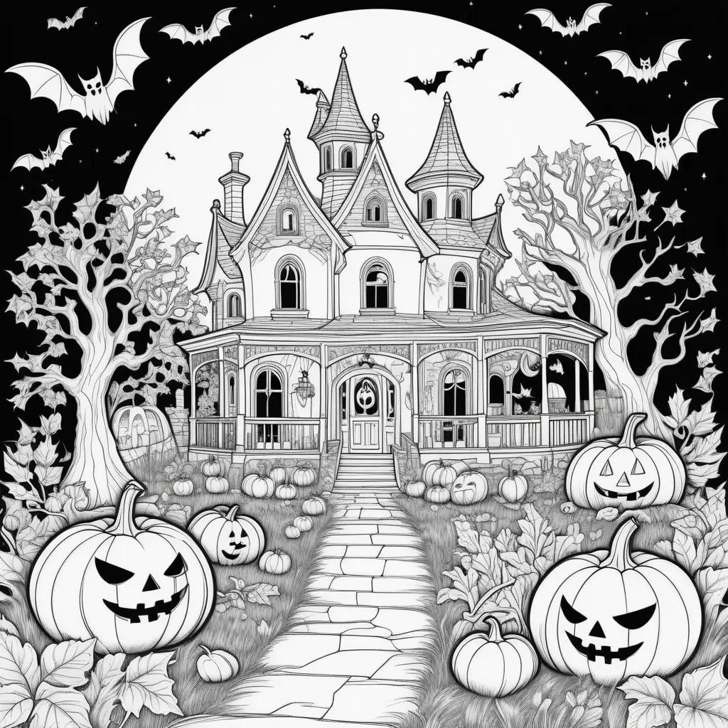 Halloween coloring book pages with a spooky house