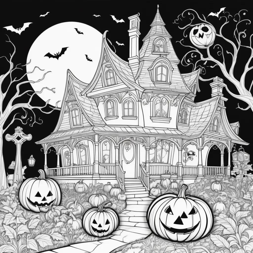 Halloween coloring page features a house and pumpkins