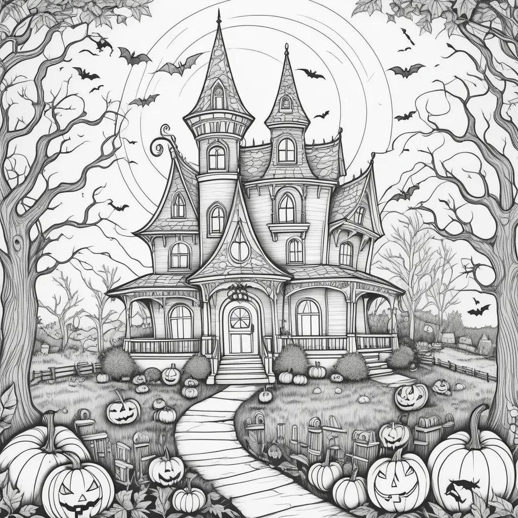 Halloween coloring page features a spooky castle with pumpkins