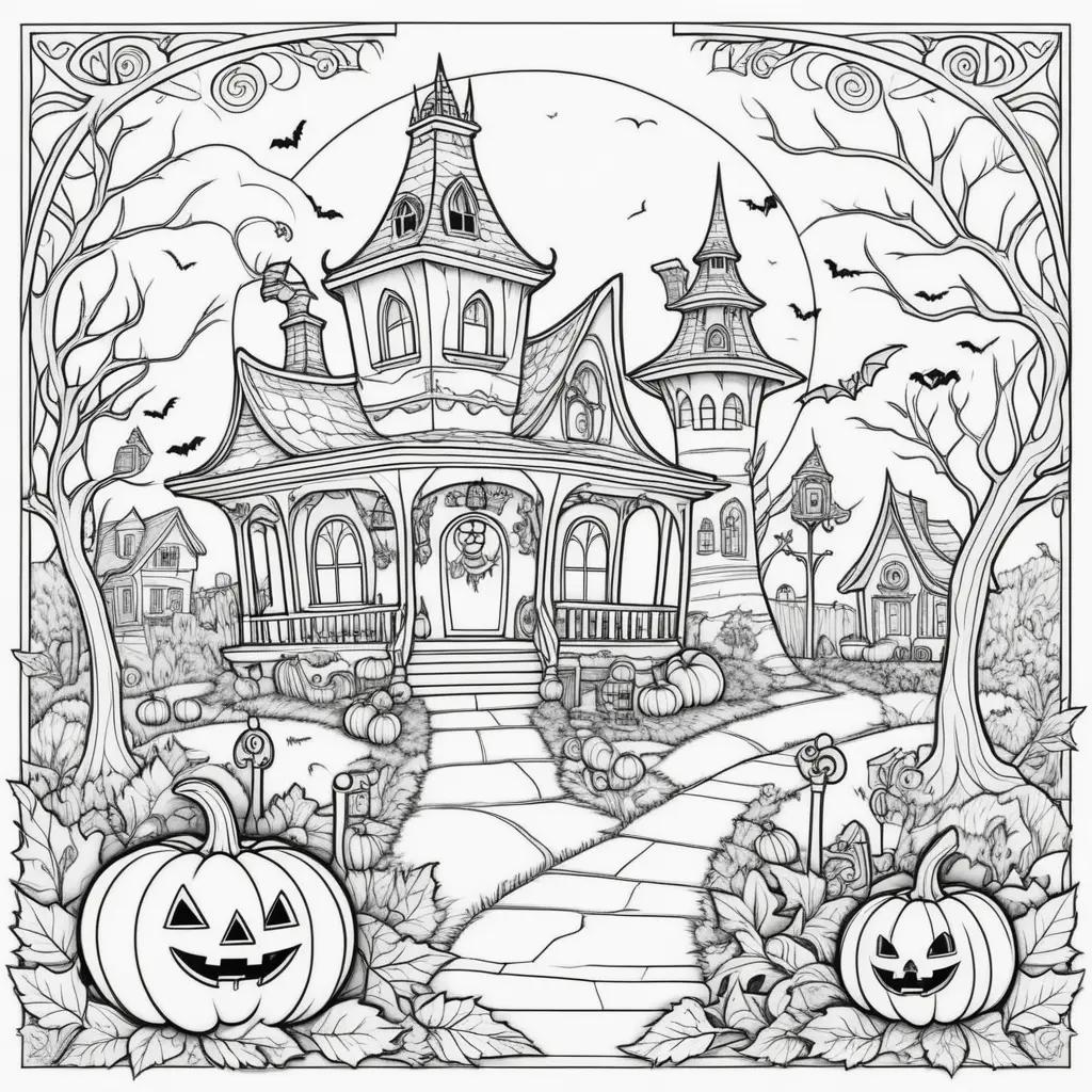 Halloween coloring page features a spooky house and pumpkins