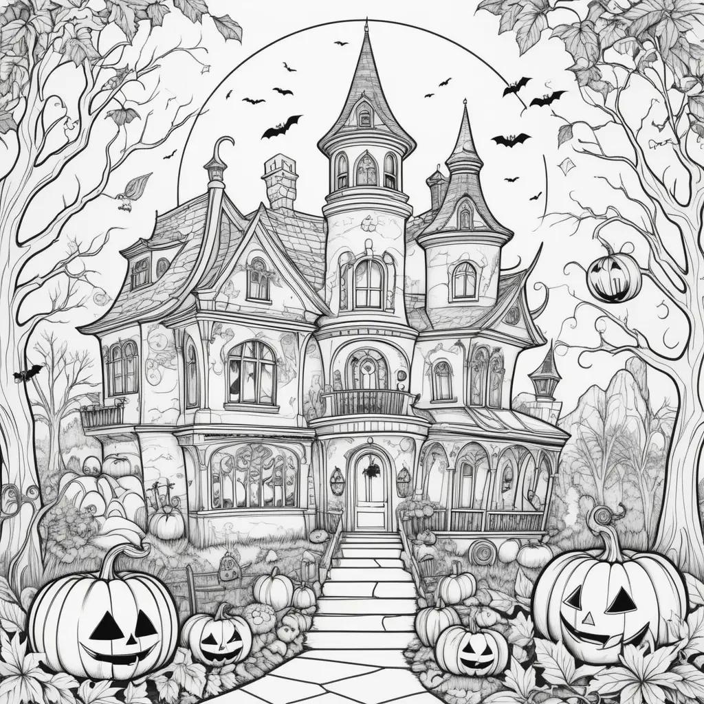 Halloween coloring page features a spooky house and pumpkins