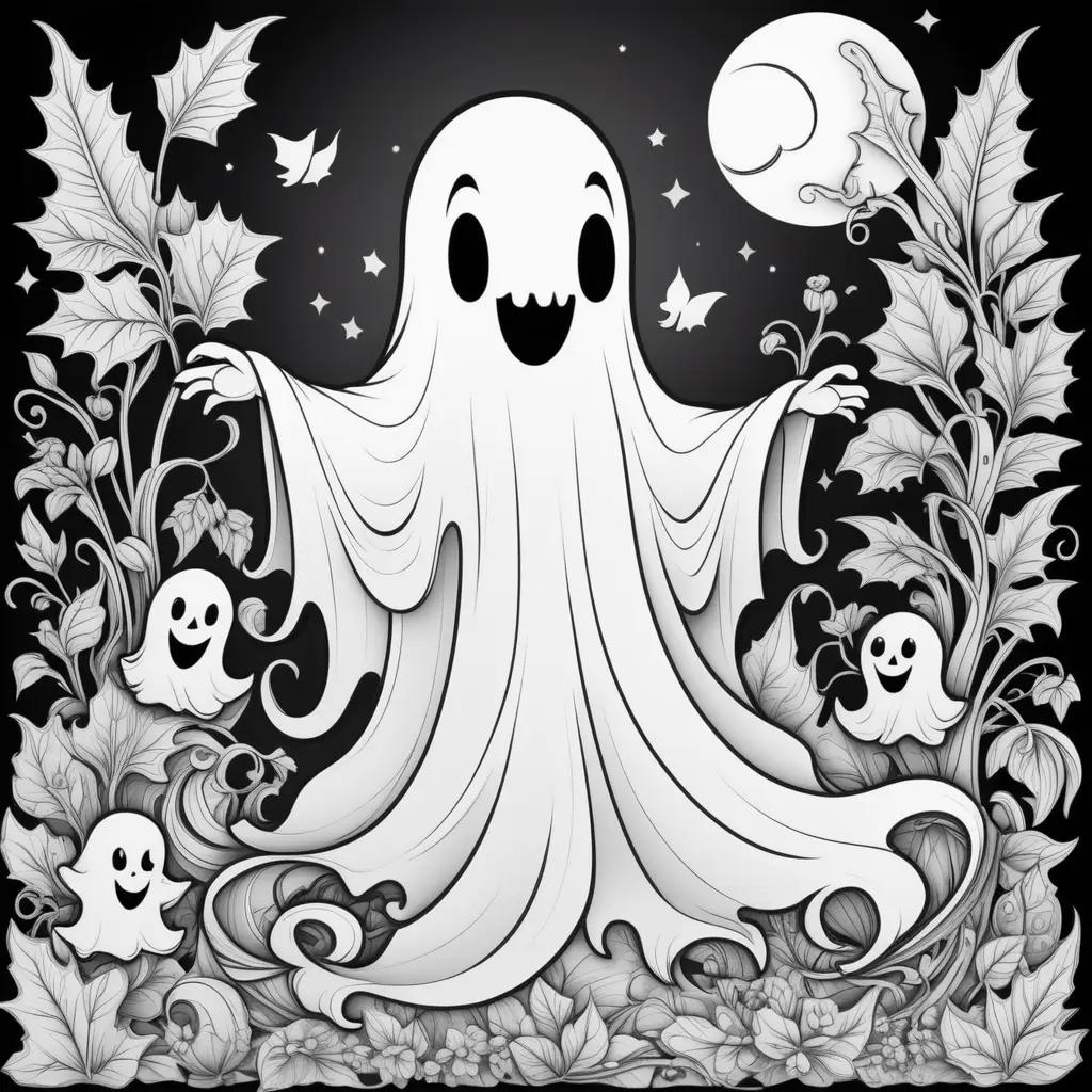 Halloween coloring page featuring a ghost and flowers