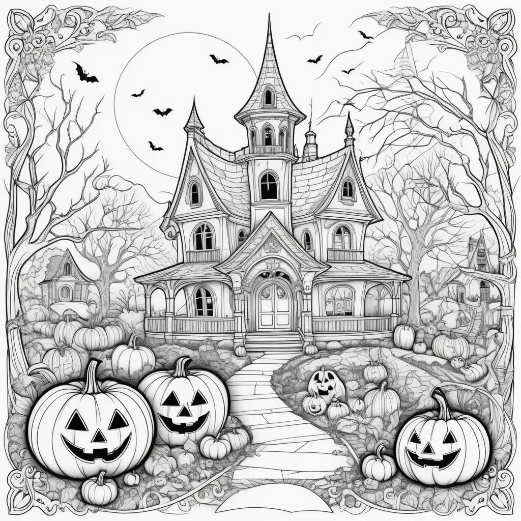 Halloween coloring page featuring a spooky house and pumpkins