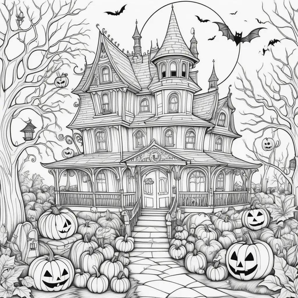 Halloween coloring page with a house, pumpkins, bats, and moon