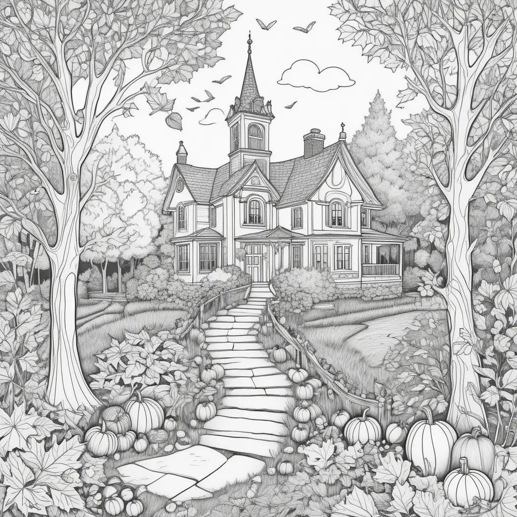 Halloween coloring page with a house and pumpkins