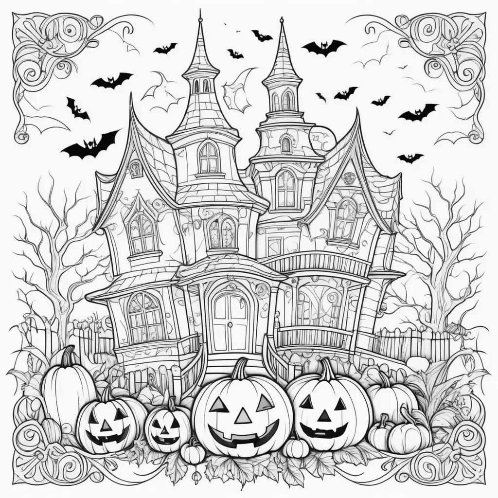 Halloween coloring page with bats and pumpkins