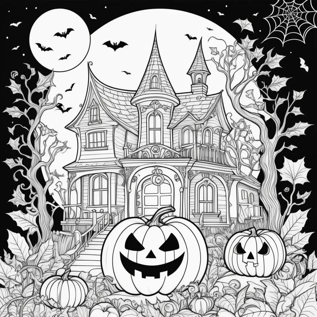 Halloween coloring page with pumpkin and house