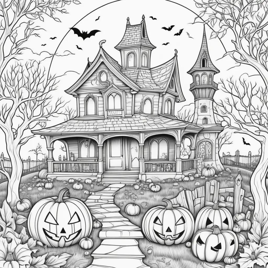 Halloween coloring page with pumpkins and ghosts