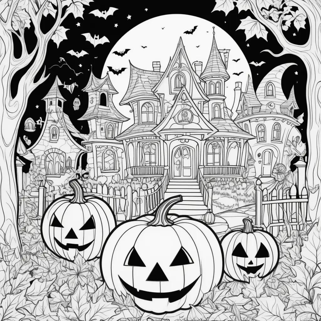 Halloween coloring page with pumpkins and ghosts