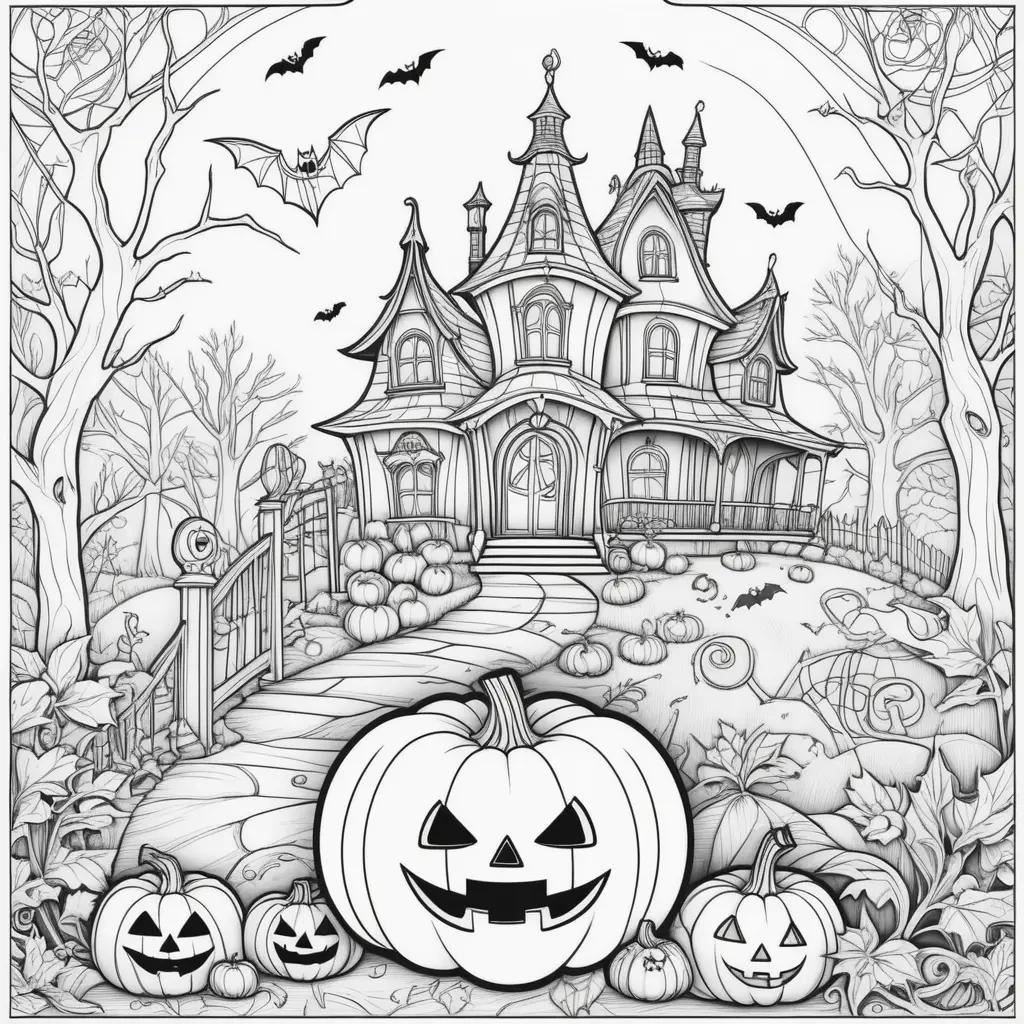 Halloween coloring page with spooky house, pumpkins, bats and trees