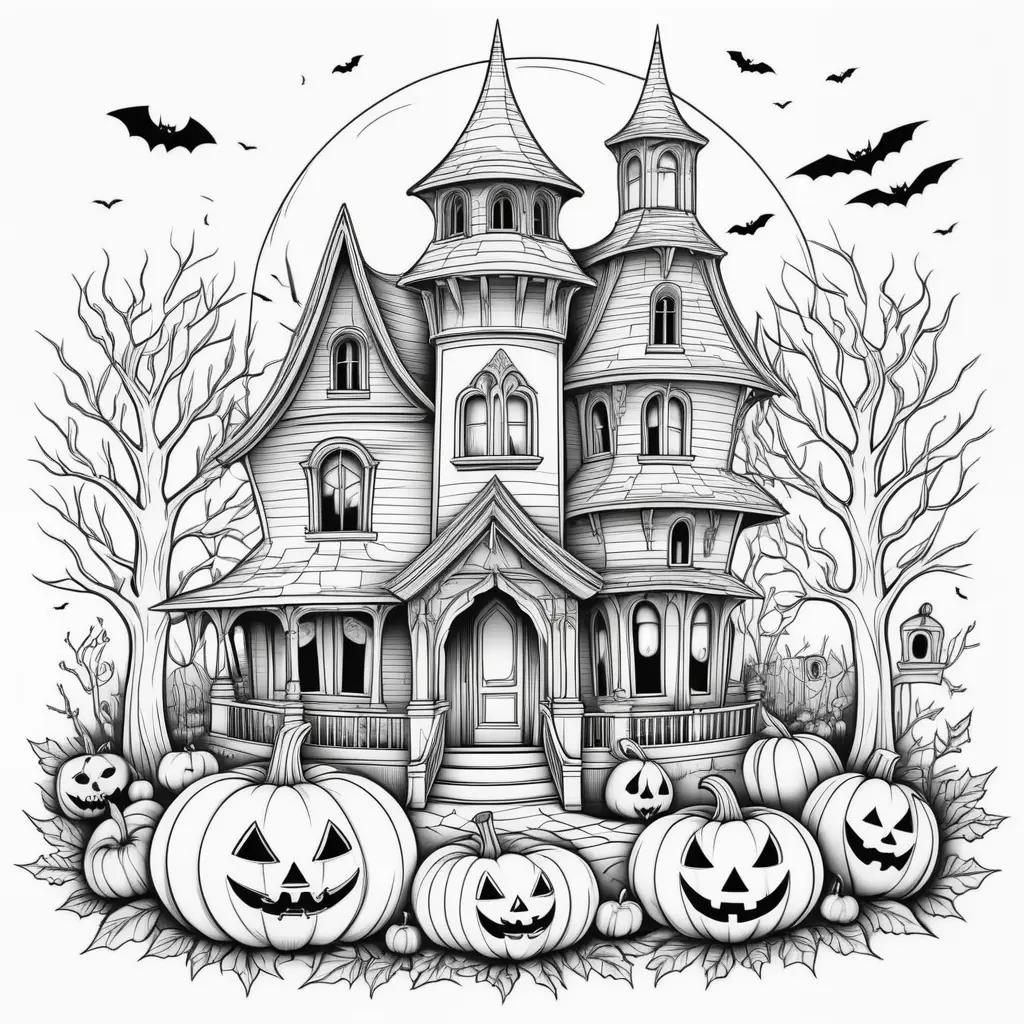 Halloween coloring pages: spooky house with pumpkins and bats