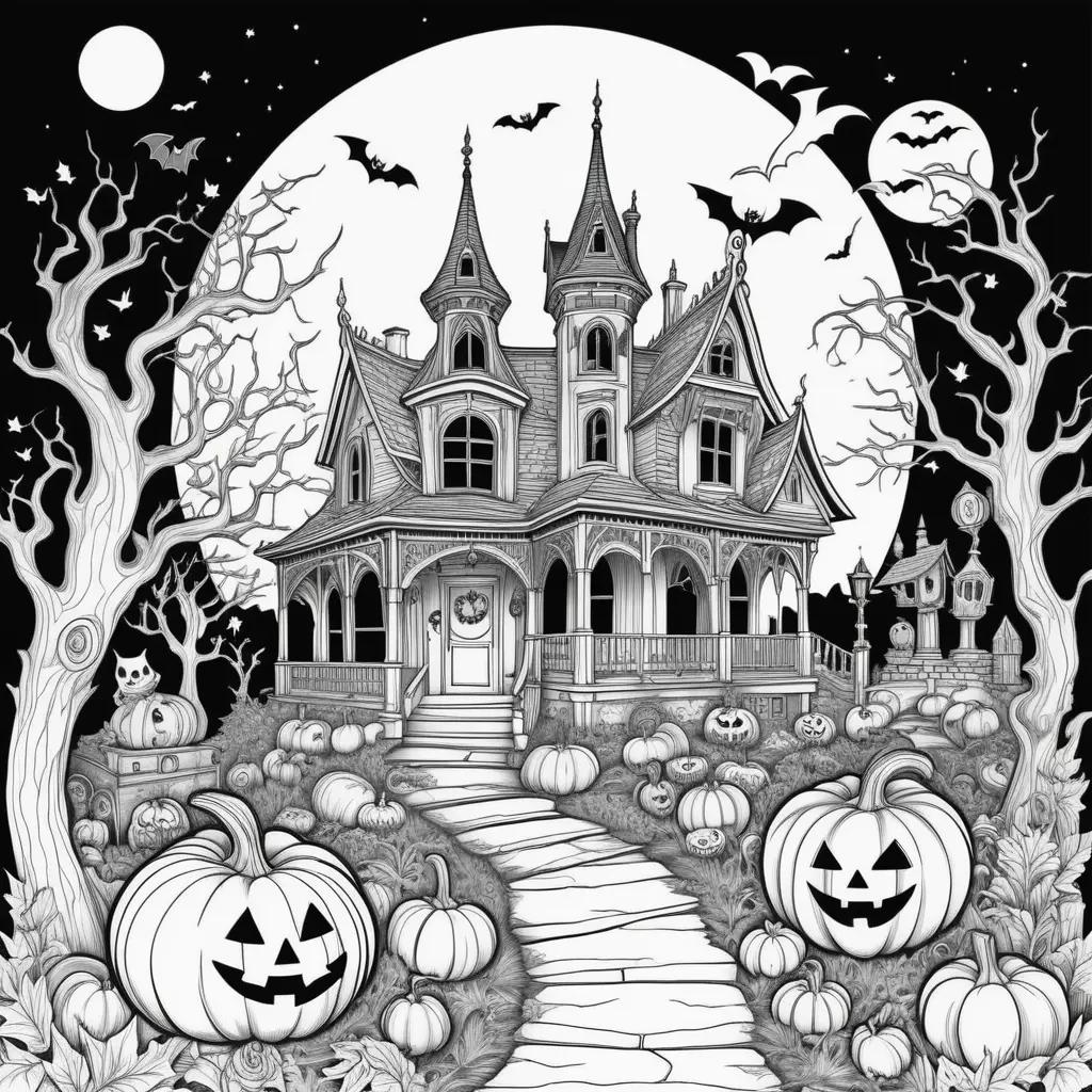 Halloween coloring pages adult: spooky house with pumpkins