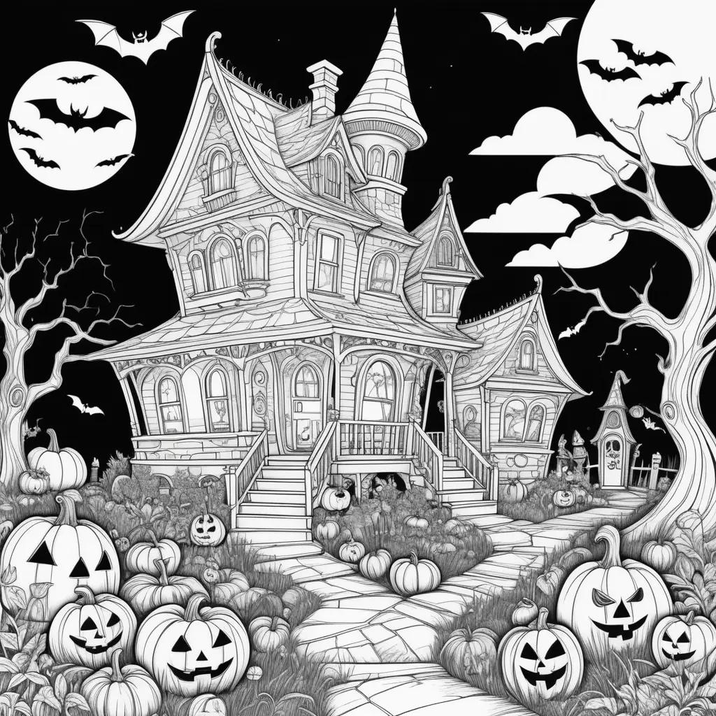 Halloween coloring pages feature a spooky house and pumpkins