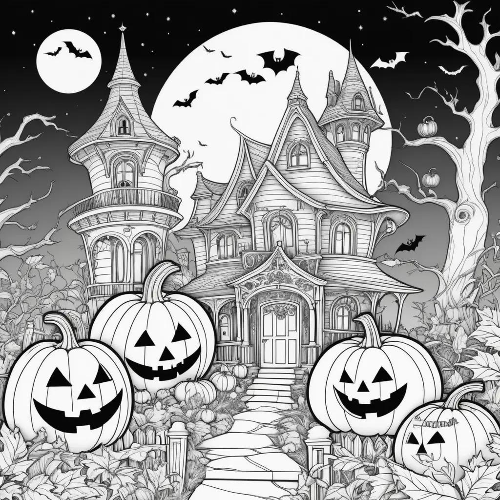 Halloween coloring pages featuring a castle, pumpkins, and bats