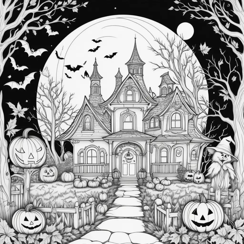 Halloween coloring pages featuring a castle and pumpkins