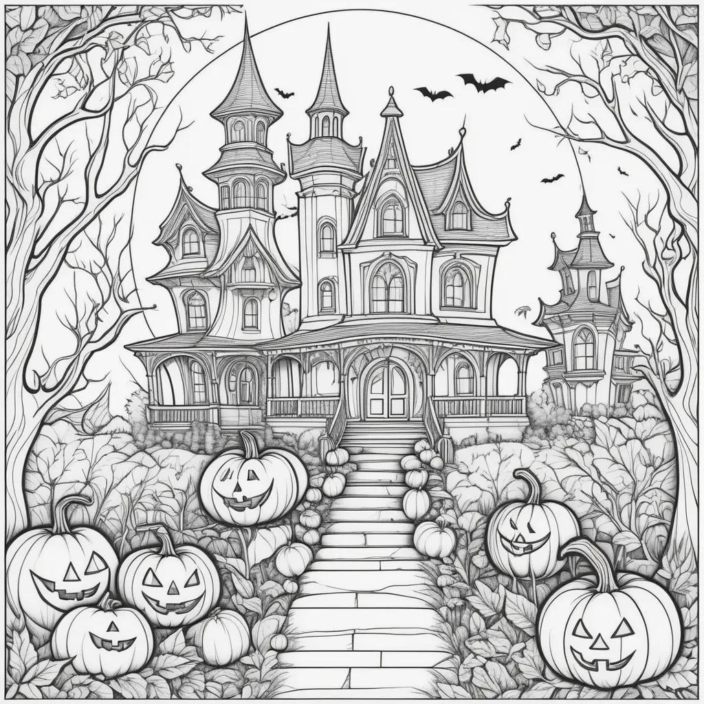 Halloween coloring pages featuring a castle and pumpkins