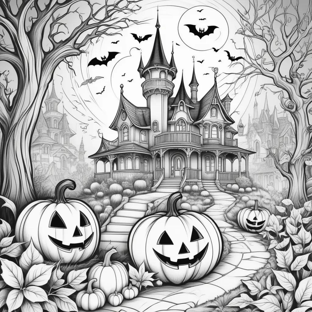 Halloween coloring pages featuring a castle and pumpkins