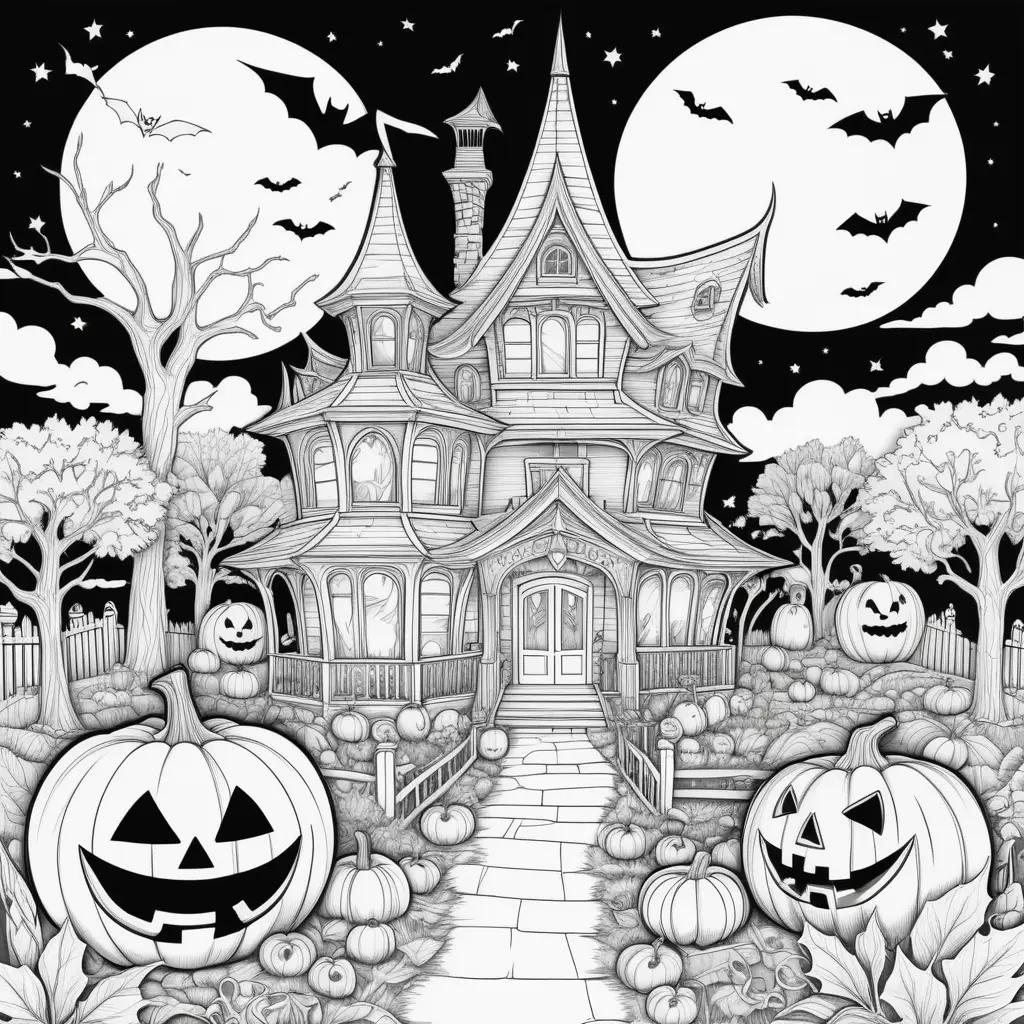 Halloween coloring pages featuring a haunted house and pumpkins