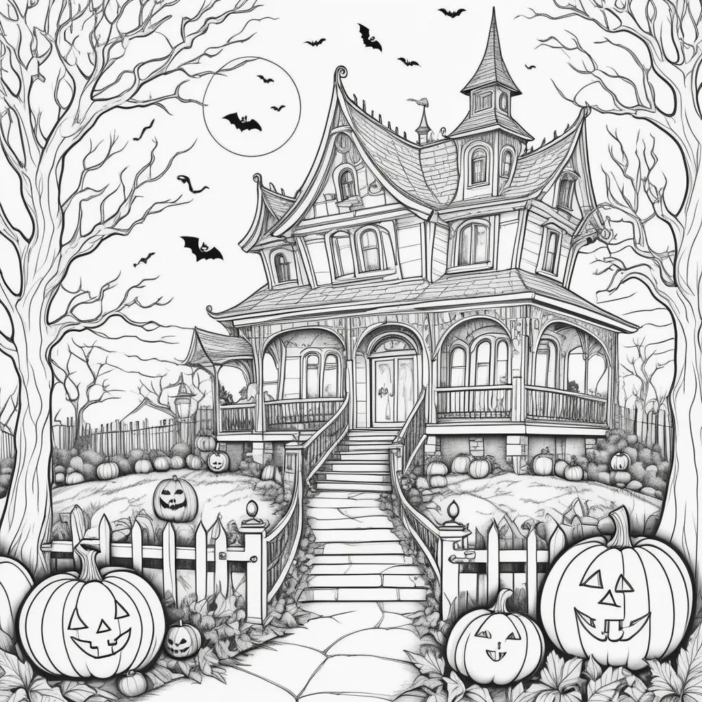 Halloween coloring pages featuring a house, pumpkins, and bats