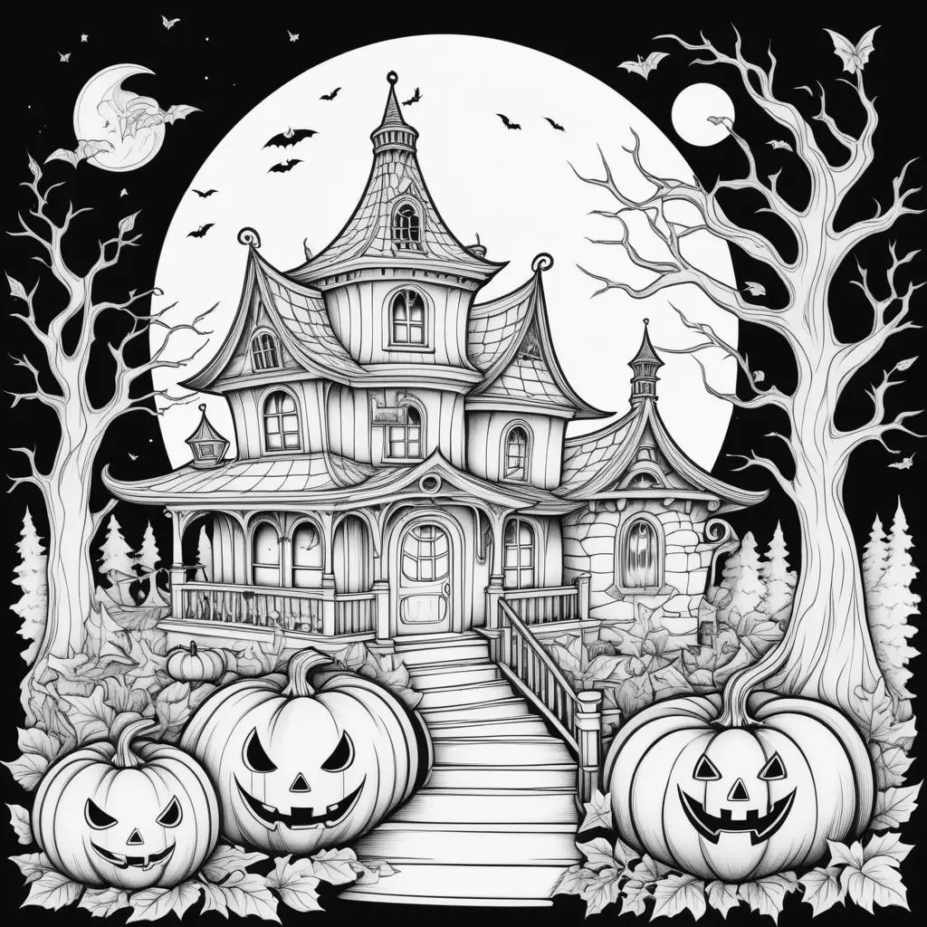 Halloween coloring pages featuring a house, pumpkins, bats and a moon