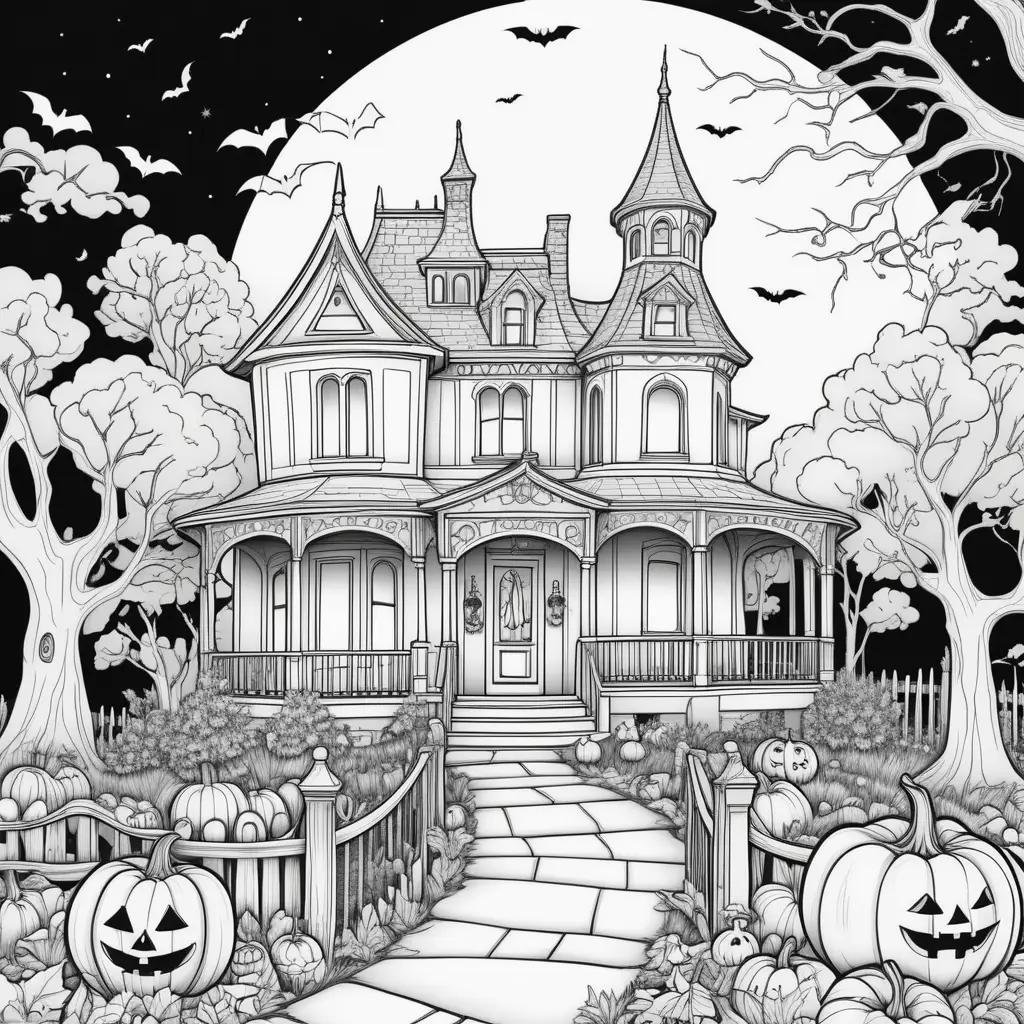 Halloween coloring pages featuring a house and pumpkins